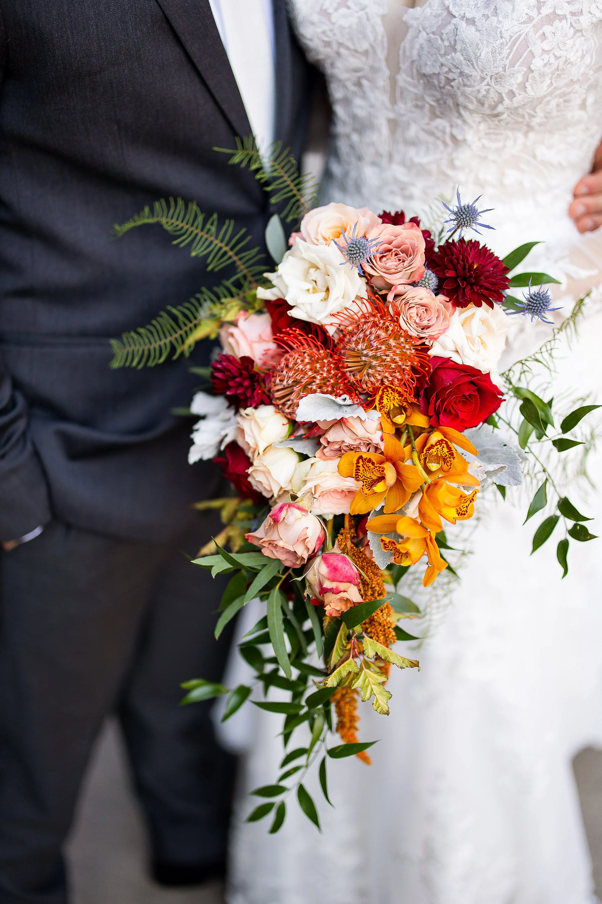 Close-up of a fall-palette bridal bouquet designed by Studio Louise Flowers