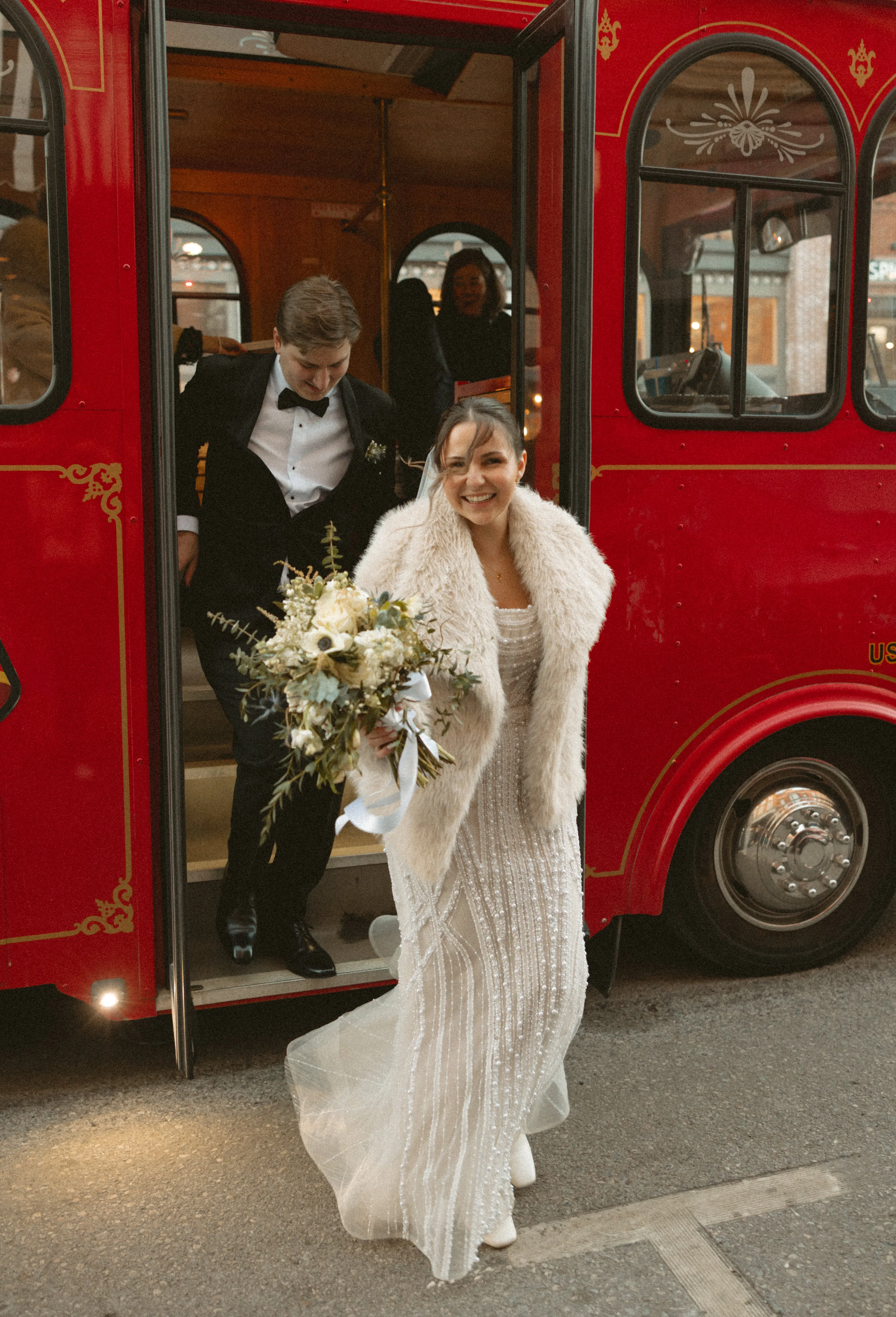 Allie and Joey step off the Stillwater Trolley, all smiles